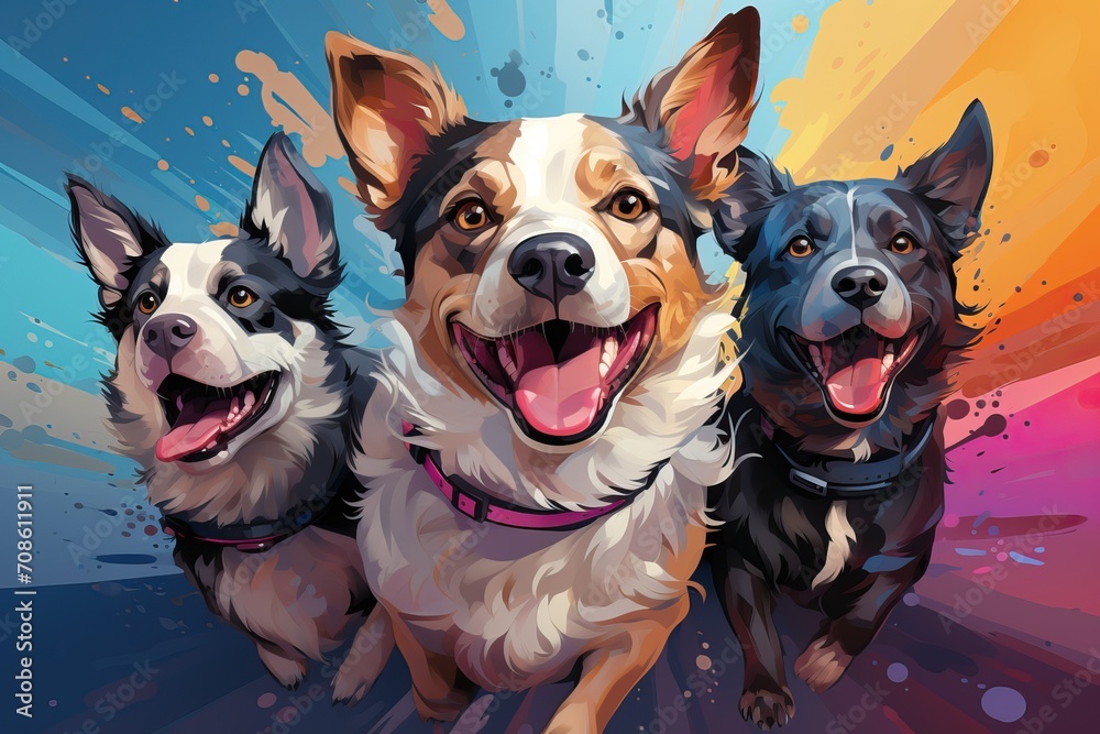 Three happy dogs on a colored background - obrazy, fototapety, plakaty 