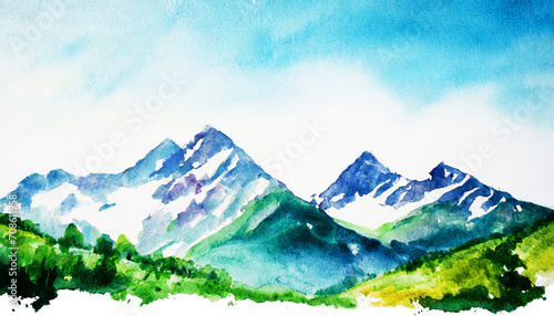 Abstract Mountain range landscape on watercolor painting on digital art concept, Generative AI. photo
