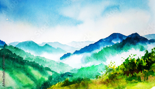 Abstract Mountain range landscape on watercolor painting on digital art concept, Generative AI. © Watercolor_Concept