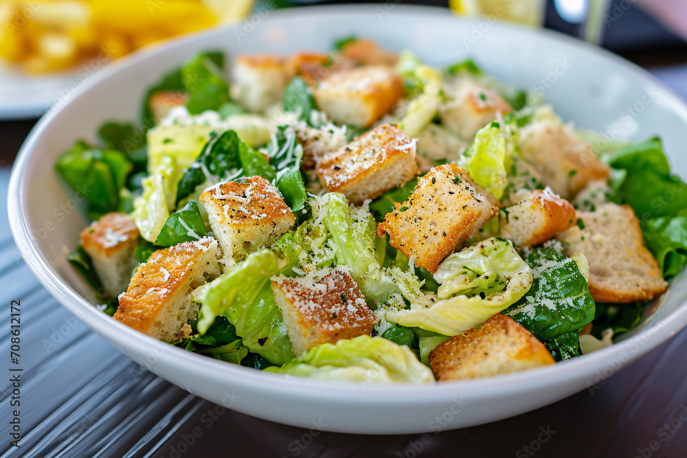 Delicious food, fresh Caesar Salad at a restaurant, tasty dish Delicious food, fresh Caesar Salad at a restaurant, tasty dish