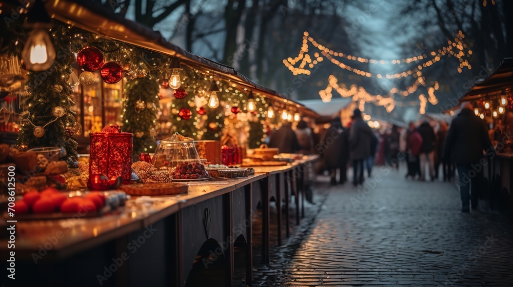Christmas markets with brightly colored booths and sparkling lights, Generative AI.