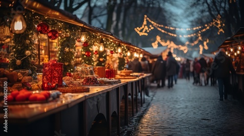 Christmas markets with brightly colored booths and sparkling lights, Generative AI.