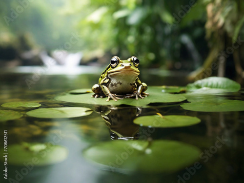 A frog in the pond looking straight 