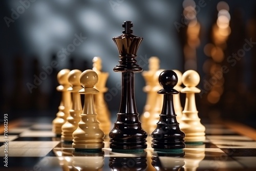 Golden and black chess pieces engaged on the board.