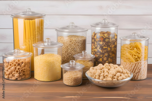 Assortment of grain products and pasta in glass storage containers. Neural network AI generated art