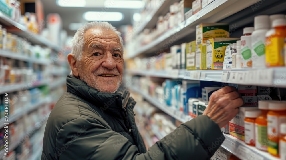 portrait of elderly man inside a pharmacy, temporary shop, he is choosing a medicine to buy, natural light, happy mood