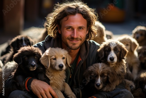 Happy man in dog kennel between puppies.