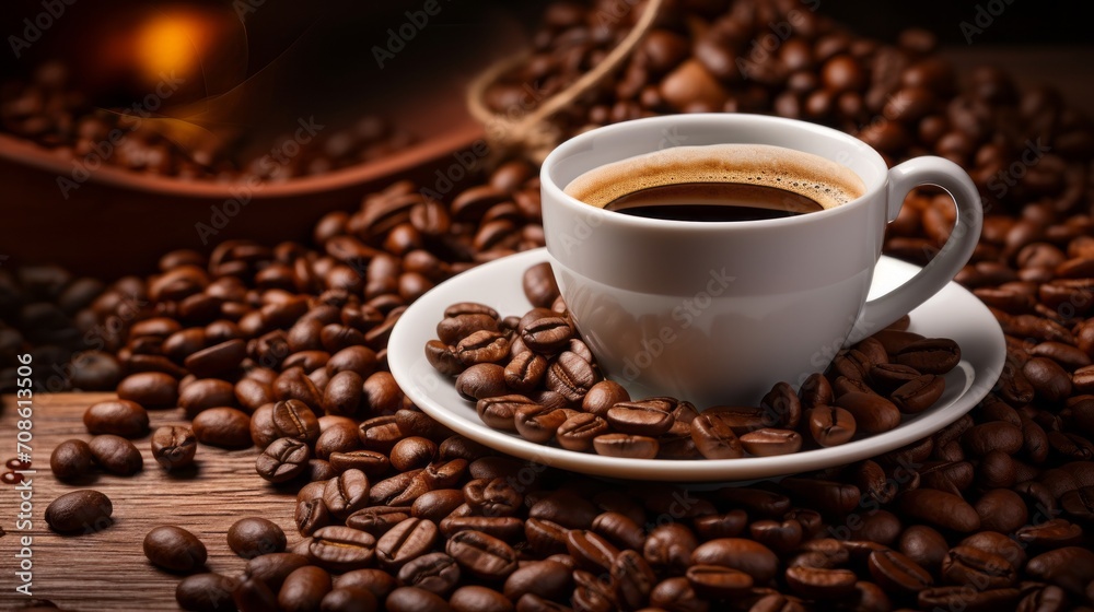 Coffee cup surrounded by coffee beans, a symbol of their transformation Coffee cup surrounded by coffee beans, a symbol of their transformation