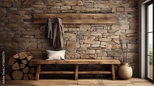 Coat rack on the wall over a rustic bench in a modern entry hall with a farmhouse interior style, Generative AI.