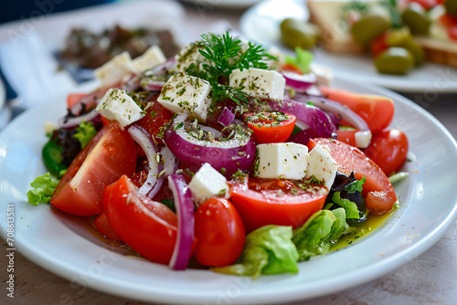 Delicious food, fresh Greek Salad at a restaurant, culinary experience