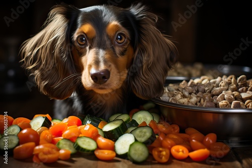 The dachshund is sitting near a bowl of food, chopped vegetables of cucumbers, tomatoes and peppers for the dog.