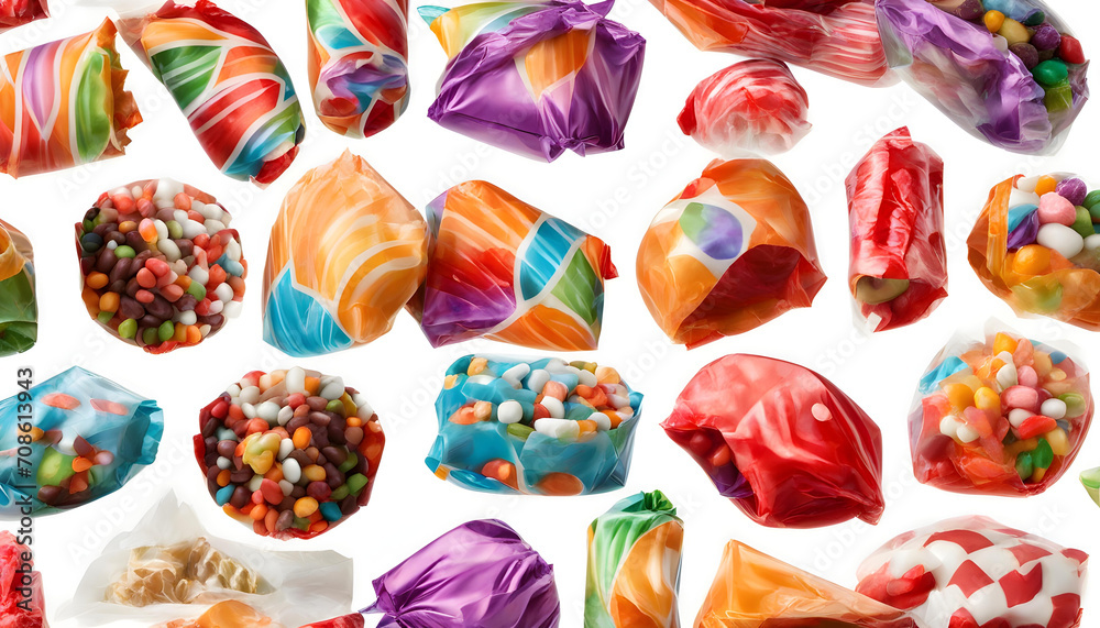 Collection of candies in colourful wrappers, isolated on a white background