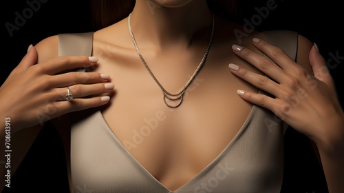 a woman's hands in close-up, adorned with rings and a necklace, to accentuate the elegance of modern accessories, creating an elegant lifestyle scene with ample copy space for text and background. © lililia