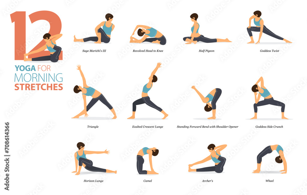 12 Yoga poses or asana posture for workout in morning stretches concept. Women exercising for body stretching. Fitness infographic. Flat cartoon. - obrazy, fototapety, plakaty 