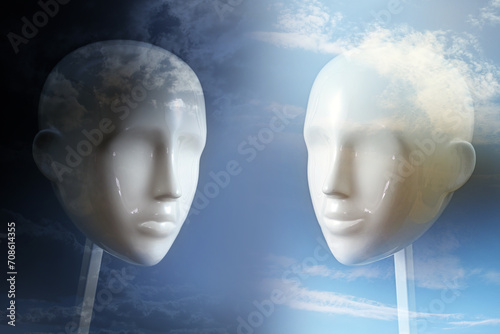 Negative versus positive thinking and emotion, psychology concept shown with two neutral colored mannequin heads and corresponding dark and light sky, copy space