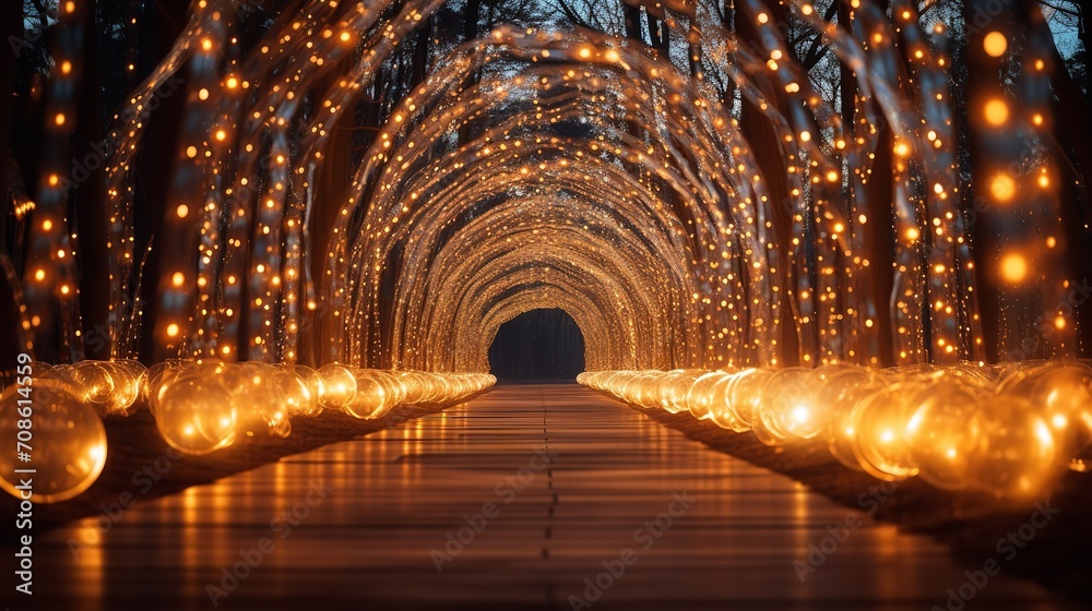 Empty street with a tunnel of string lights, Generative AI.