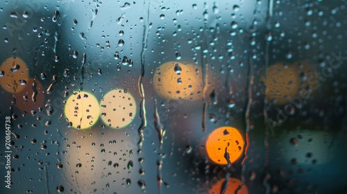 Rain Drops on Window With Traffic Lights in Background