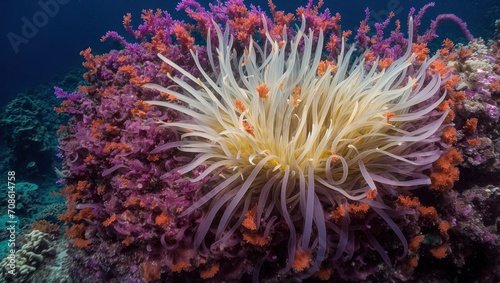 A magnificent sea anemone blooms in all of its beauty deep under the water, its tentacles swinging in an enthralling display of vibrant colors and complex patterns, a real masterpiece of the diverse © LIFE LINE
