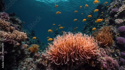 Deep within the ocean, a stunning sea anemone blossoms in all of its splendor, its tentacles swaying in a captivating display of vivid hues and intricate patterns, a true masterpiece of the varied