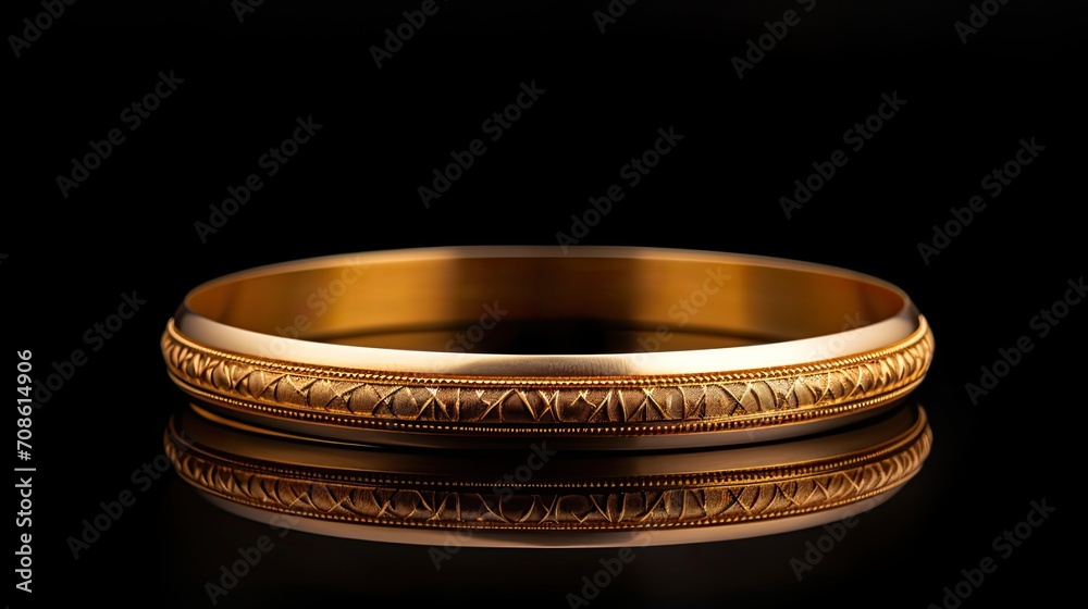 Indian design through a visually striking composition featuring a gold bangle isolated on a black background, portraying the elegance and craftsmanship of the cultural jewelry. Indian design through a visually striking composition featuring a gold bangle isolated on a black background, portraying the elegance and craftsmanship of the cultural jewelry.