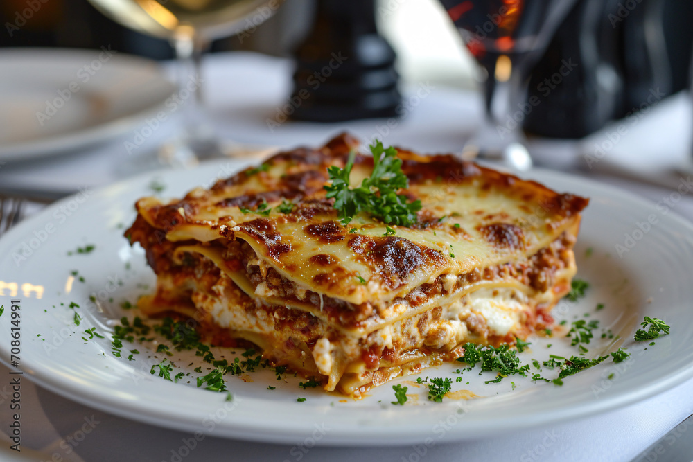 Delicious lasagne on a plate at a restaurant, culinary experience, Italian food and dinner Delicious lasagne on a plate at a restaurant, culinary experience, Italian food and dinner