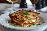 Delicious lasagne on a plate at a restaurant, culinary experience, Italian food and dinner 