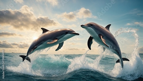 Stunning portrayal of majestic dolphins soaring through the skies  their playful antics captured to bring their joyous essence to life
