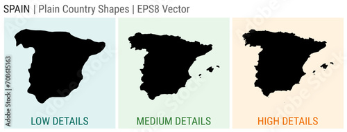 Spain - plain country shapes. Low, medium, and high detailed maps of Spain. EPS8 Vector illustration.