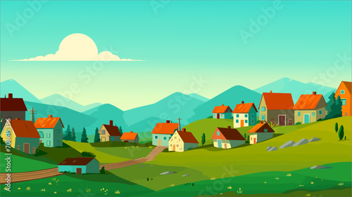 Landscape with mountains and houses, green plain and blue sky