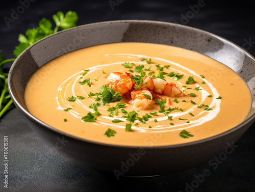 A mouthwatering lobster bisque with a creamy texture, topped with a delectable garnish.