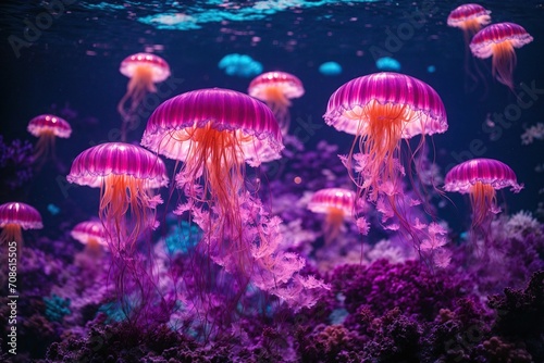 scene of jellyfish dancing in a sea of blue, illuminated by vibrant pink and purple lights, with a stunning coral reef as their backdrop