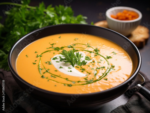 A deliciously appetizing bowl of lobster bisque, adorned with a steamy creamy texture, visually satisfying.