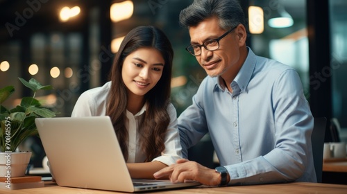 A photo of beautiful couple businessman and businesswoman sitting in office and working on laptop Generative AI