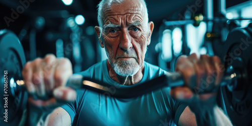 Intense Senior Man Doing Cable Chest Workout in a Modern Gym photo