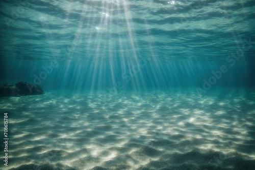 A deep blue sea with sand beneath and stunning light beams serve as the underwater backdrop.