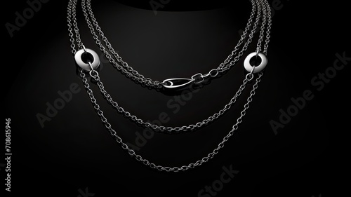 a double silver chain necklace on a black background with dark and rounded shapes, to accentuate the sleekness and elegance of the necklace, creating a visually striking scene.