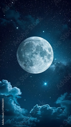 Full Moon in Night Sky With Clouds - Clear, Stunning View of the Illuminated Lunar in a Starry Night
