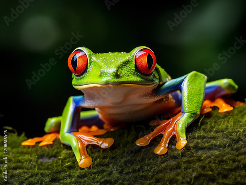 Vibrant red-eyed tree frog perched on a branch, blending into its lush natural habitat. © Szalai