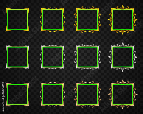 Abstract Green Border Fantasy Game Avatar GUI Frame with Gold, Silver and Bronze Elements for Game UI Designs