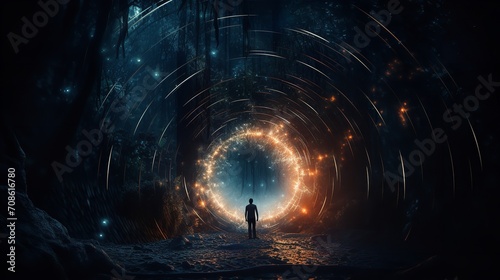 Illustration of a guy passing through a bright, enigmatic, and gloomy tunnel, Generative AI.