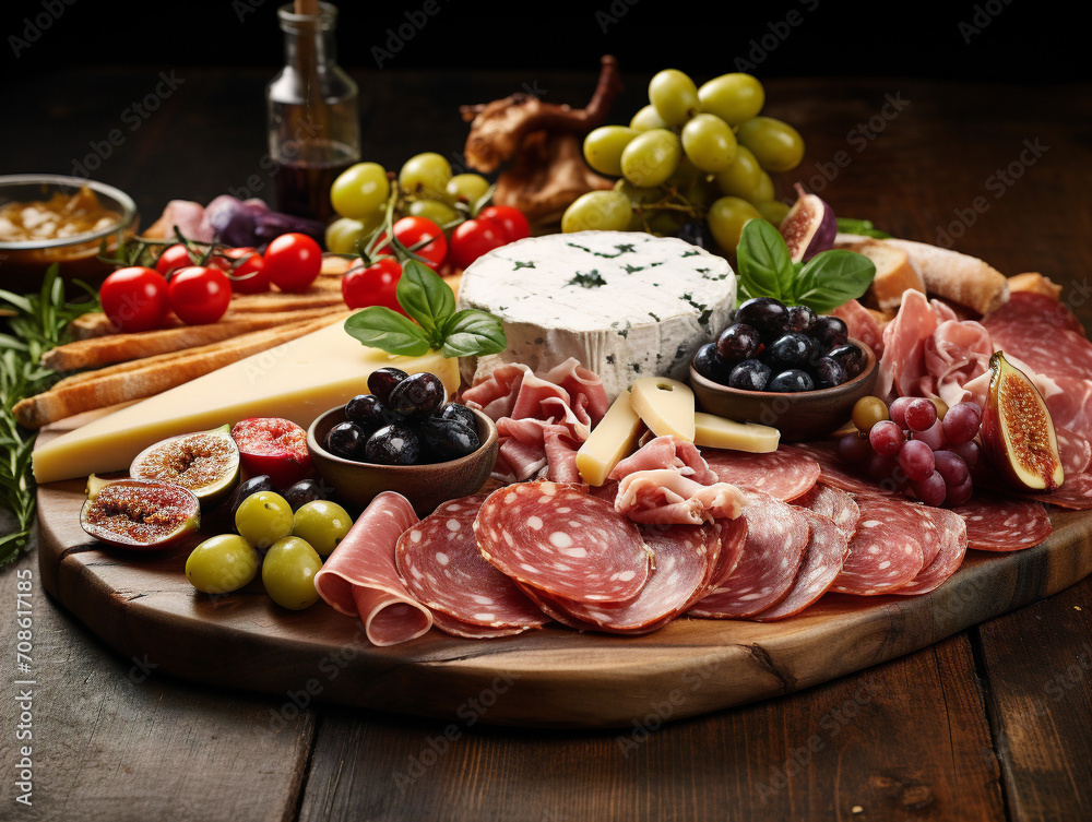 A mouthwatering display of Italian cured meats and antipasto delicacies on a traditional platter.