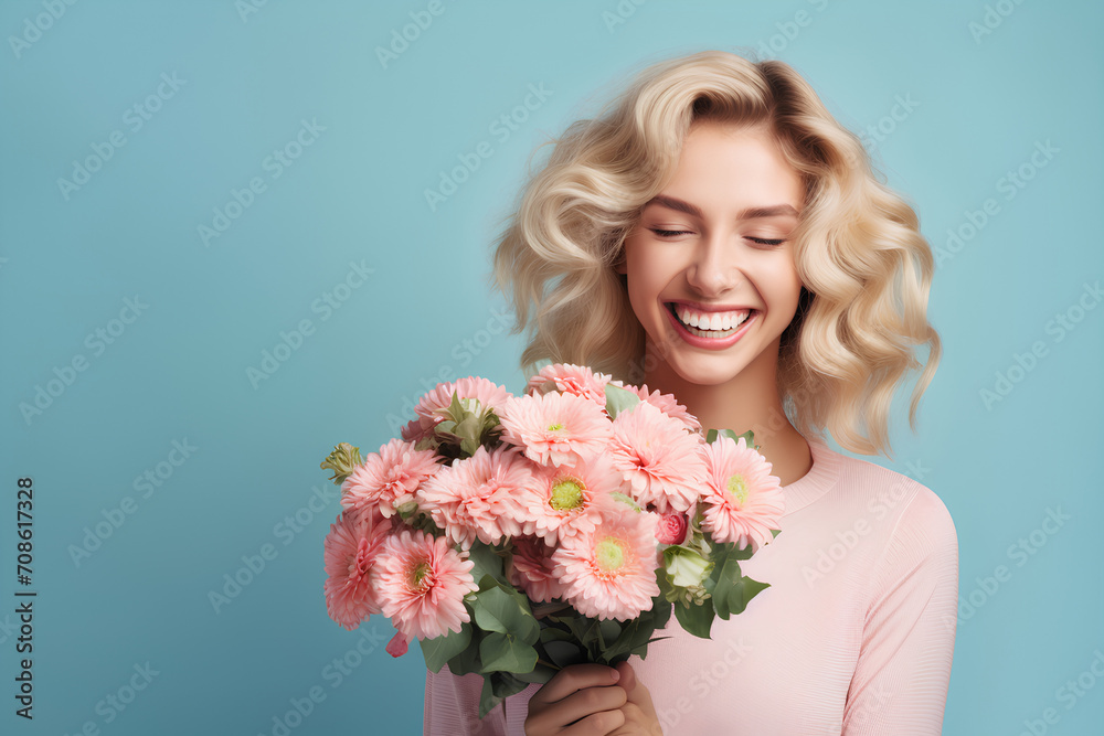 Happy woman with blonde hair holding spring flowers and smiling on pastel blue background, 8 March, Woman's day, birthday, Mother's day present Happy woman with blonde hair holding spring flowers and smiling on pastel blue background, 8 March, Woman's day, birthday, Mother's day present