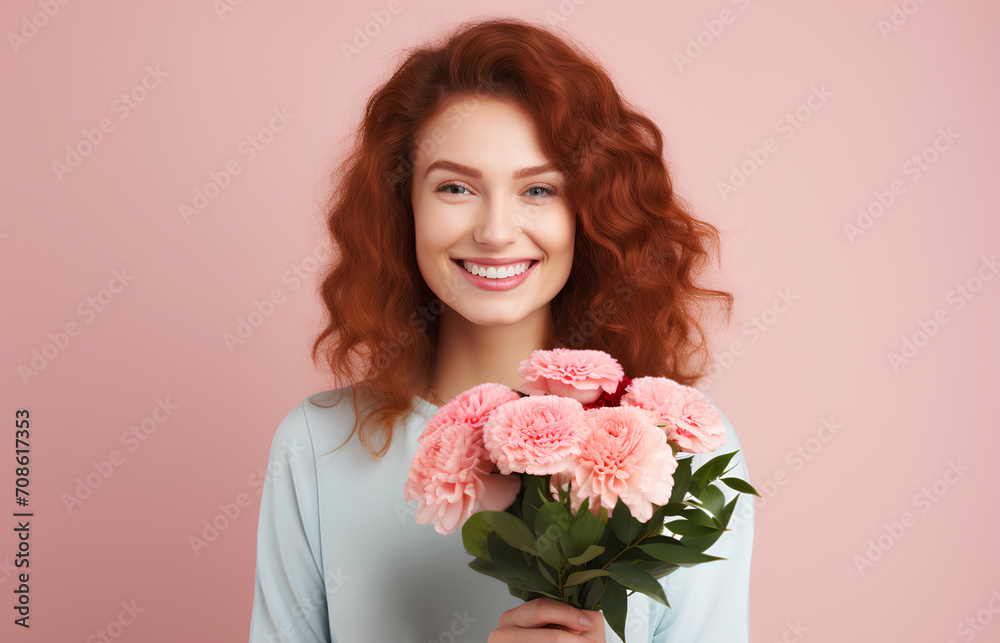 Happy woman with red curly hair holding spring pink flowers and smiling on pastel pink background, 8 March, Woman's day, birthday, Mother's day present Happy woman with red curly hair holding spring pink flowers and smiling on pastel pink background, 8 March, Woman's day, birthday, Mother's day present