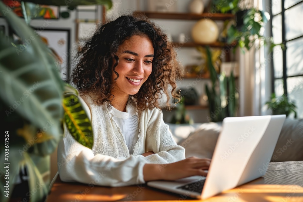 Young happy latin woman, smiling curly casual girl student using tablet and laptop elearning or hybrid working at home online looking at tab device sitting at table in living room, Generative AI - obrazy, fototapety, plakaty 