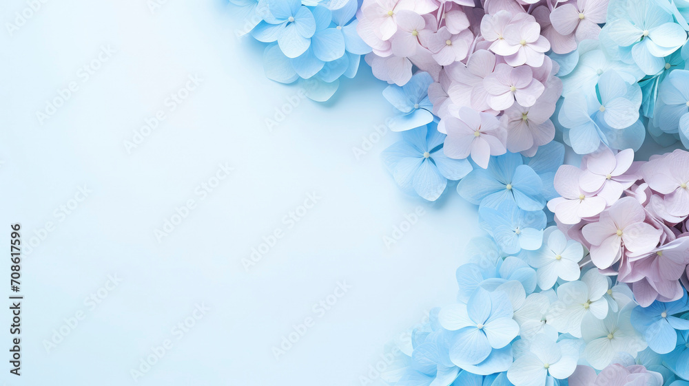 Obraz premium Hydrangea background copy space blue background Floral background delicate composition for greeting cards, isolated flowers on a blue background. Copy space