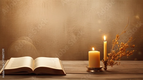 a candle and a Bible on an old oak wooden table against a beautiful gold background, in a minimalist modern style, emphasizing the serene and sacred nature of the religious concept.