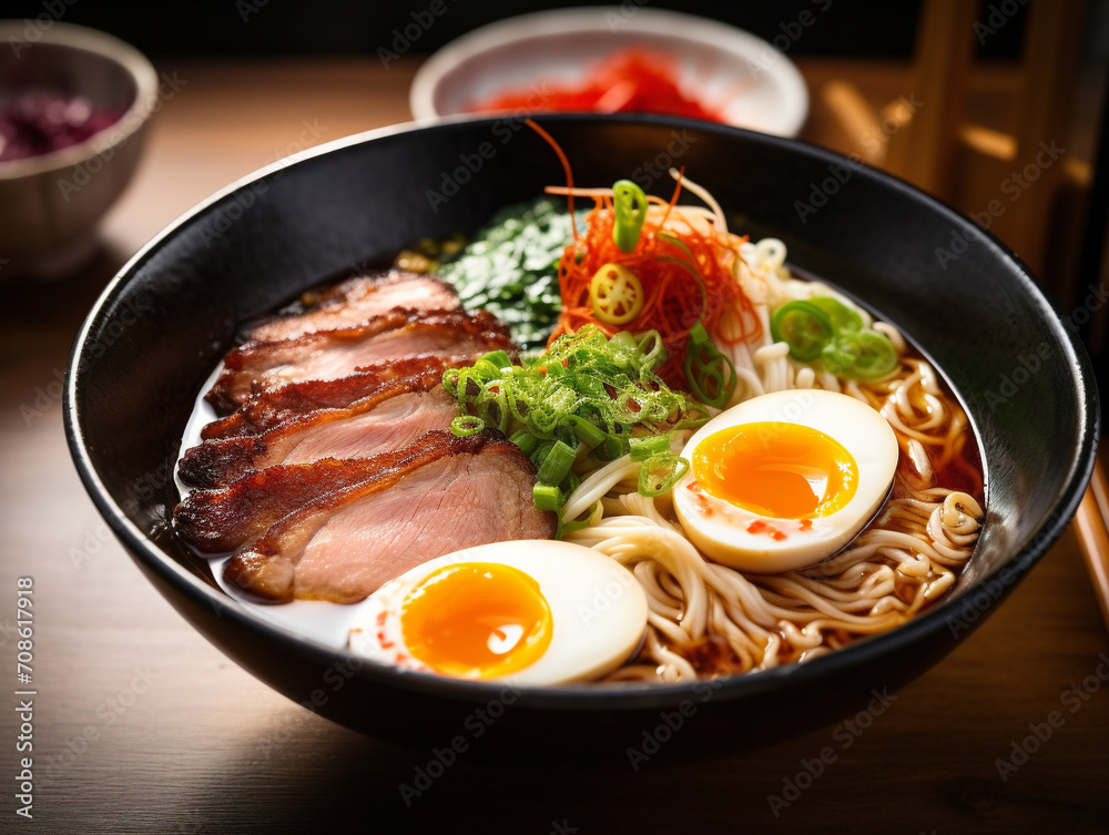A steaming bowl of authentic Japanese ramen with flavorful noodles and delectable toppings. A steaming bowl of authentic Japanese ramen with flavorful noodles and delectable toppings.
