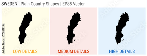 Sweden - plain country shape. Low, medium and high detailed maps of Sweden. EPS8 Vector illustration.