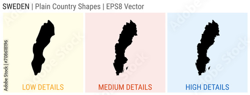 Sweden - plain country shape. Low, medium, and high detailed maps of Sweden. EPS8 Vector illustration.