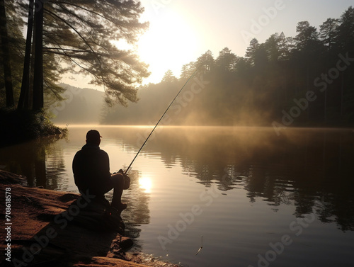 A serene scene of a person fishing peacefully by the lake with a beautiful backdrop.
